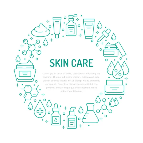 Skin Care Circle Poster Flat Line Icons Hyaluronic Acid Drop — Stock Vector