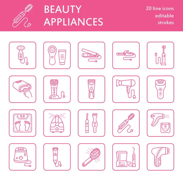 Beauty Appliances Personal Care Line Icons Women Equipment Hair Dryer — Stock Vector