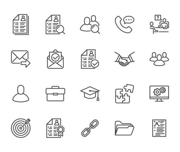 Resume flat line icons set. Hr human resources, job application, interview employee profile, teamwork, work experience vector illustrations Portfolio outline signs Pixel perfect 64x64 Editable Stroke.