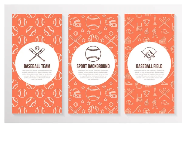 Baseball, softball sport game brochure template, flyer. Vector trifold orange background. Equipment thin line icons - bats, balls, field. Illustration for team poster.