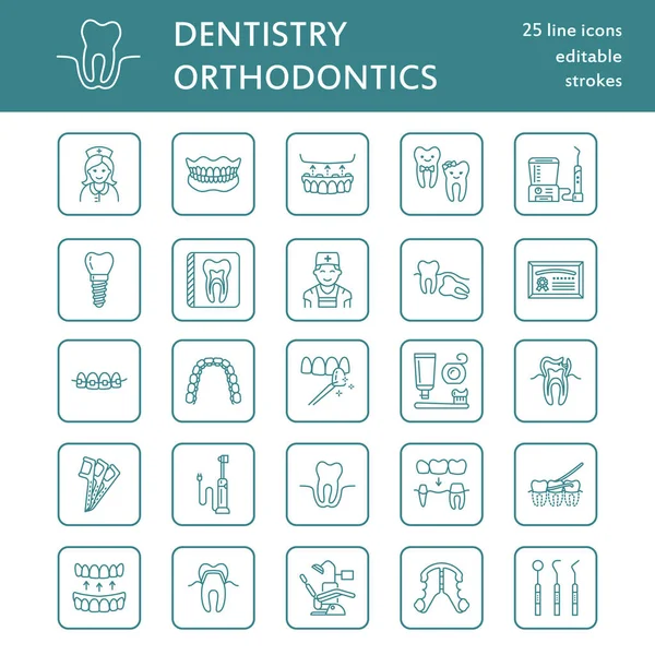 Dentista Los Iconos Línea Ortodoncia Equipos Cuidado Dental Aparatos Ortopédicos — Archivo Imágenes Vectoriales