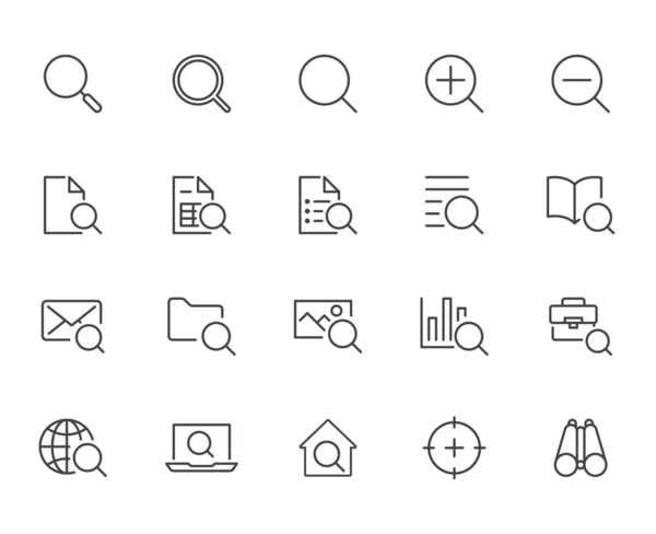 Icônes Ligne Recherche Définies Zoom Trouver Document Loupe Symbole Outil — Image vectorielle