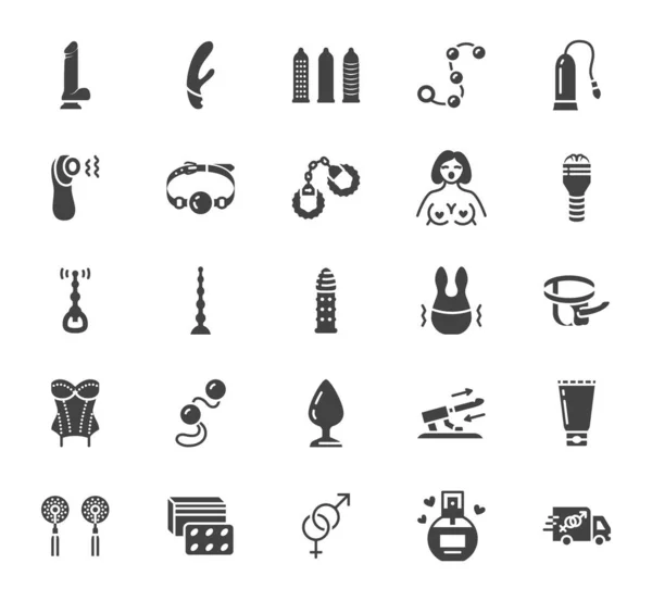 Sex Shop Flat Glyph Icons Set Adult Toys Vibrator Dildo — Stock Vector