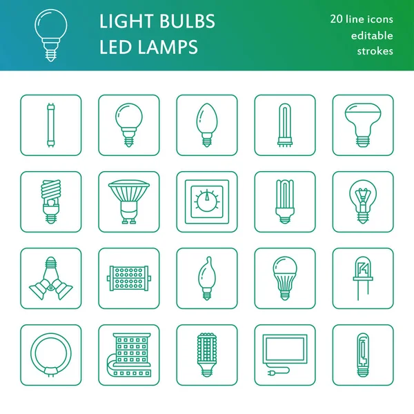 Ampoules Icônes Ligne Plate Les Types Lampes Led Fluorescentes Filamenteuses — Image vectorielle