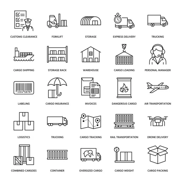 Transporte Carga Iconos Línea Plana Camiones Entrega Urgente Logística Envío — Vector de stock