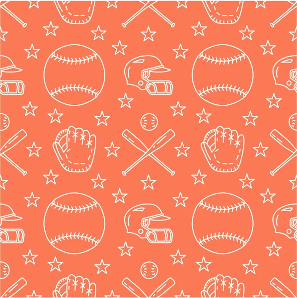 Baseball, softball sport game vector seamless pattern, orange background with line icons of balls, player, gloves, bat, helmet. Flat signs for championship, equipment store.