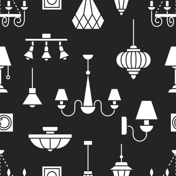 ライトフィクスチャ ランプシームレスパターン イラスト 家庭用照明機器のベクトルアイコン シャンデリア テーブルランプ 電源ソケット 店内の黒白の繰り返しの背景 — ストックベクタ