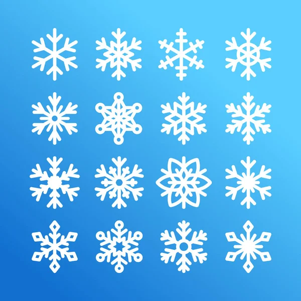 Linda Colección Copos Nieve Aislado Sobre Fondo Azul Iconos Planos — Vector de stock