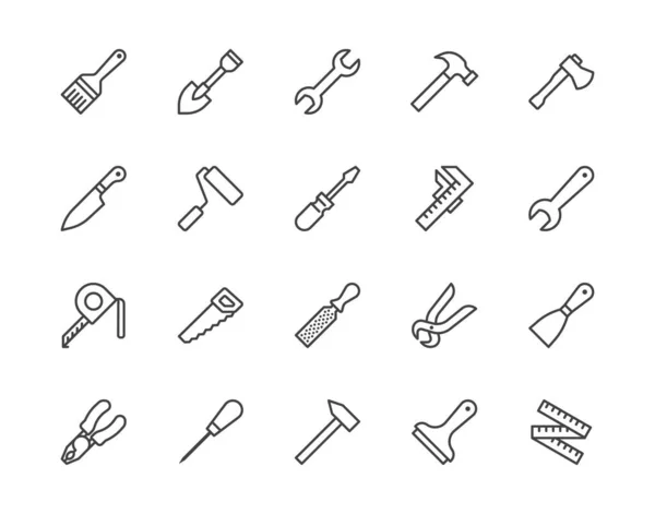 Construction Tools Flat Line Icons Set Hammer Screwdriver Saw Spanner — Stock Vector