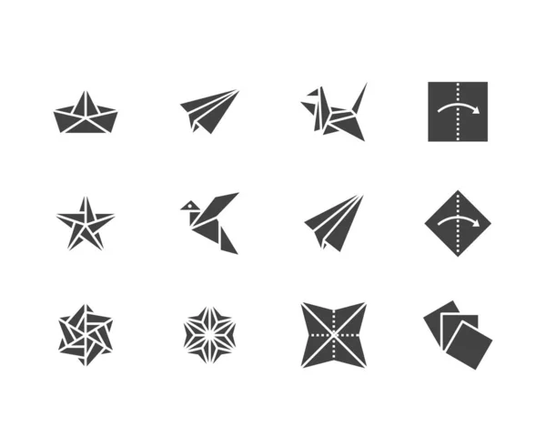 Origami Flache Glyphen Ikonen Set Papierkraniche Vögel Boote Flugzeugvektorillustrationen Zeichen — Stockvektor