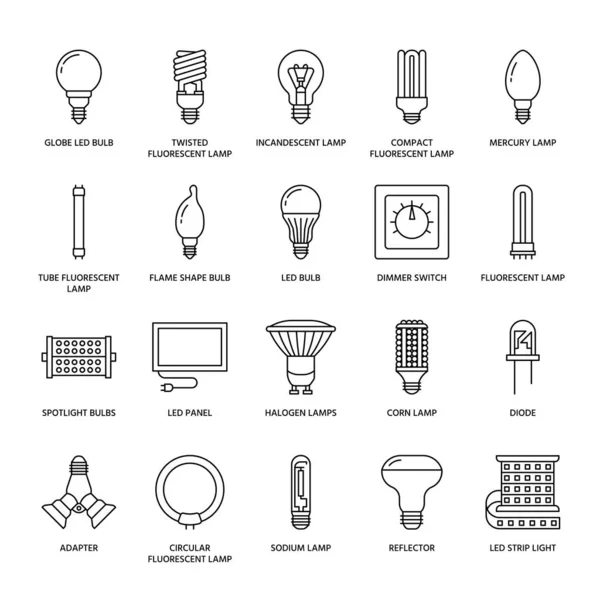 Iconos Línea Plana Bombillas Tipos Lámparas Led Fluorescentes Filamentos Halógenos — Vector de stock