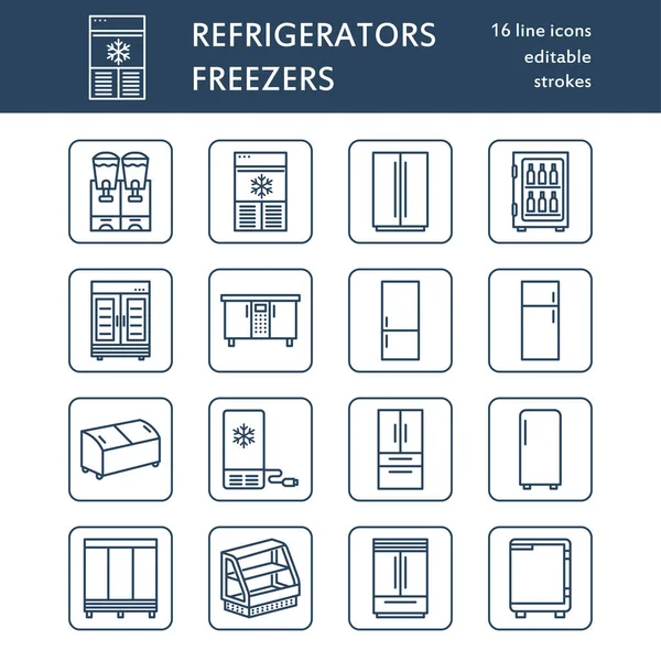 Iconos Línea Plana Refrigeradores Tipos Refrigerador Congelador Enfriador Vino Aparato — Vector de stock