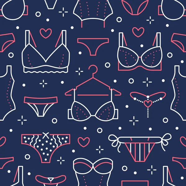 Lingerie Seamless Pattern Flat Line Icons Bra Types Panties Woman — Stock Vector