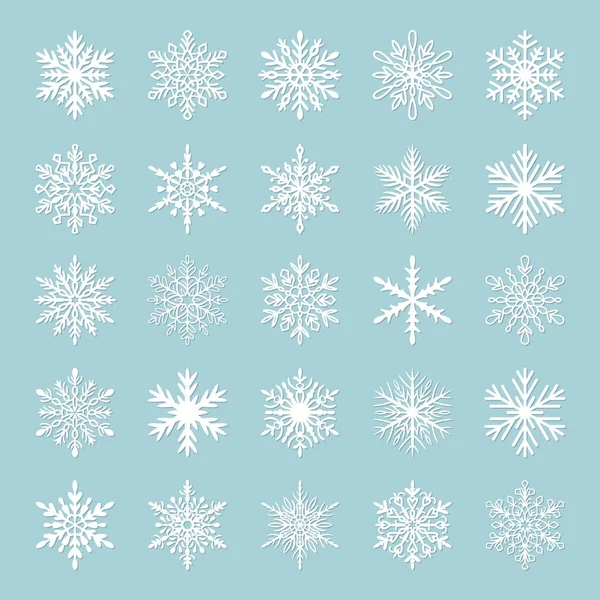 Linda Colección Copos Nieve Aislados Sobre Fondo Azul Iconos Planos — Vector de stock