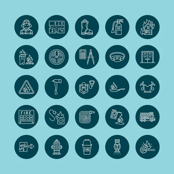 Incendie Équipement Sécurité Incendie Lignes Plates Icônes Pompier Extincteur Détecteur — Image vectorielle