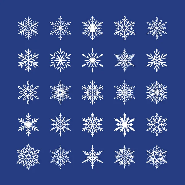 Χαριτωμένη Συλλογή Νιφάδων Χιονιού Που Απομονώνονται Μπλε Φόντο Επίπεδες Εικόνες — Διανυσματικό Αρχείο