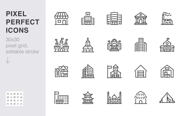 城市建筑线的图标设置 购物中心 政府大厅 警察最低矢量插图 用于Web App的简单而平坦的轮廓符号 30X30 Pixel Perfect 可编辑的中风 — 图库矢量图片