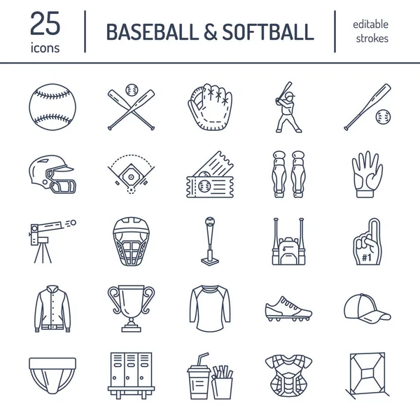 Baseball, softball sport game vector line icons. Ball, bat, field, helmet, pitching machine, catcher mask. Linear signs set, championship pictograms with editable stroke for event, equipment store.