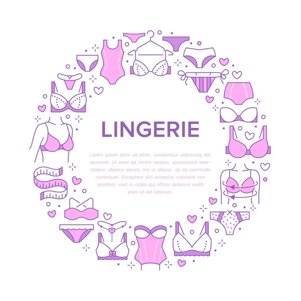Lingerie Circle Poster Flat Line Icons Bra Types Panties Woman — Stock Vector