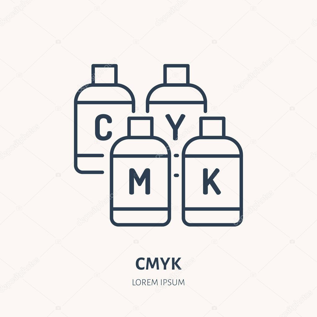 CMYK colors flat line icon. Paint printer buckets sign. Thin linear logo for printery, design studio.