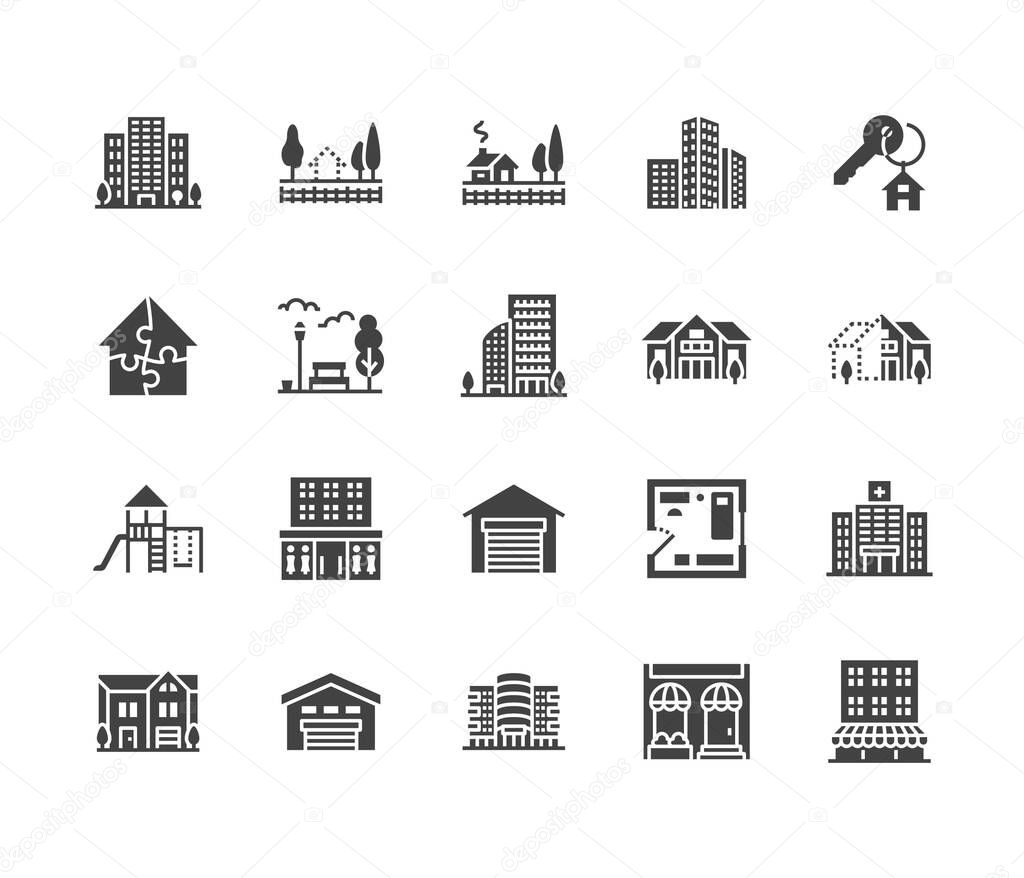 Real estate flat glyph icons set. House sale, commercial building, country home area, skyscraper, mall, kindergarten vector illustrations. Infrastructure signs. Solid silhouette pixel perfect 64x64.