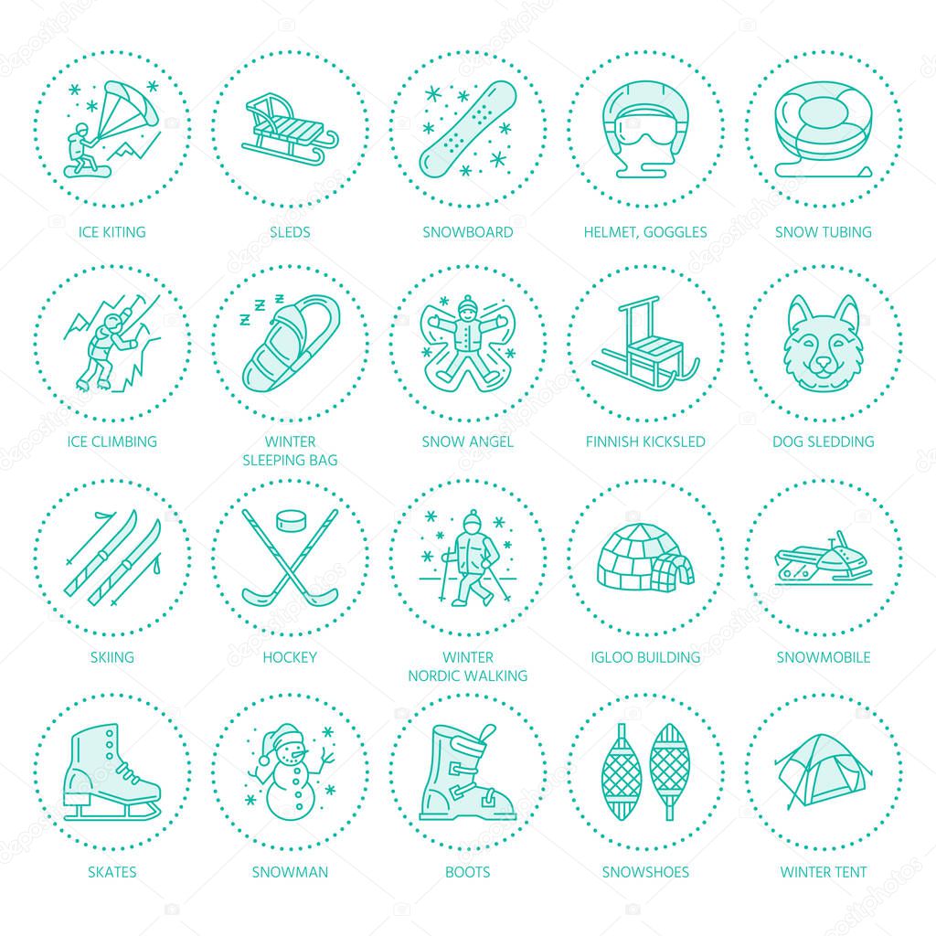 Ski, snowboard, skates, tubing, ice kiting, climbing and other winter sport line icons. Outdoor activity thin linear pictogram such as camping, igloo building, snow angel making. Equipment rent signs.