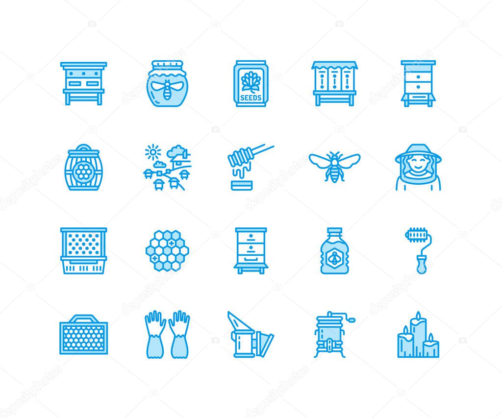 Beekeeping, apiculture flat line icons. Beekeeper equipment, honey processing, honeybee, beehives types natural products. Bee garden, apiary thin linear signs, organic farm shop. Pixel perfect 64x64.