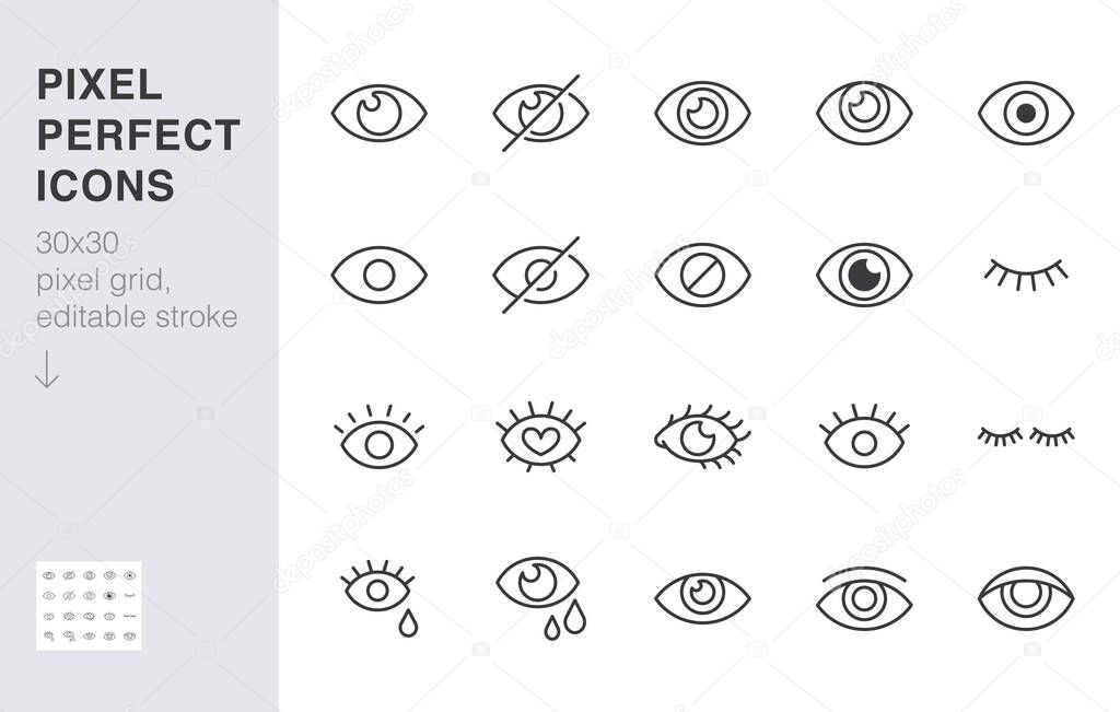 Eye line icon set. Open, closed eyes, visible invisible concept, hidden password, view minimal vector illustrations. Simple outline signs for web application ui. 30x30 Pixel Perfect. Editable Strokes.
