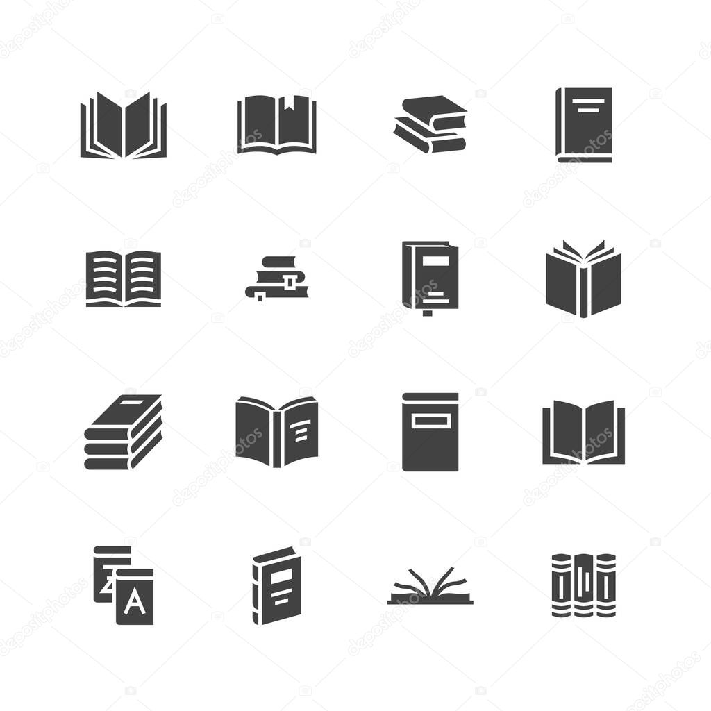 Books flat glyph icons. Reading, library, literature education vector illustrations. Signs for e-book store, textbook, encyclopedia. Solid silhouette pixel perfect 64x64.