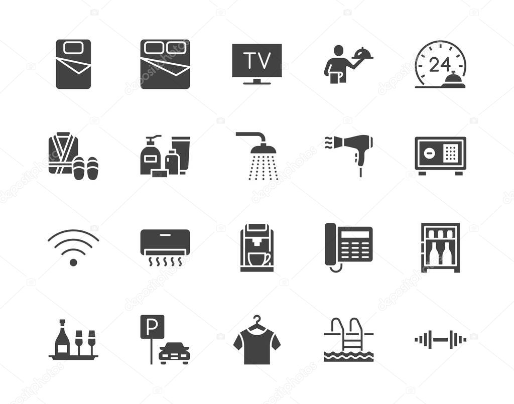 Hotel room facilities flat glyph icons set. Double bed, reception, room service, bathrobe, slippers, safe, minibar vector illustrations. Black sign for motel. Silhouette pictogram pixel perfect 64x64.