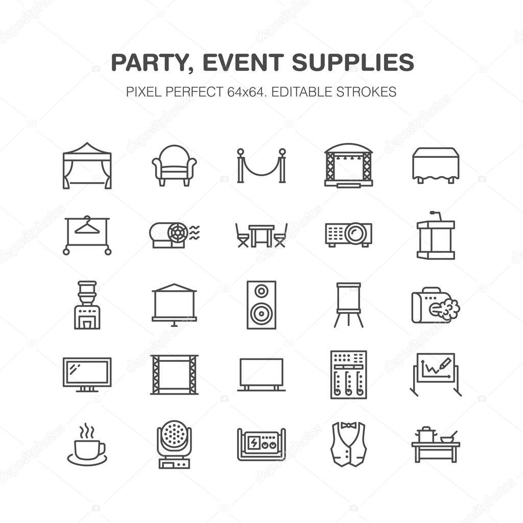Event supplies flat line icons. Party equipment - stage constructions, visual projector, stanchion, flipchart, marquee. Thin linear signs for catering, commercial rental service. Pixel perfect 64x64.