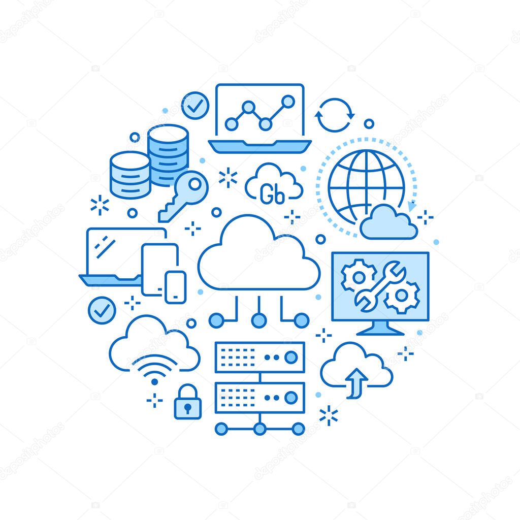 Cloud data storage circle poster with line icons. Database background, information, server center, global network, backup, security vector illustrations. Technology blue white template.