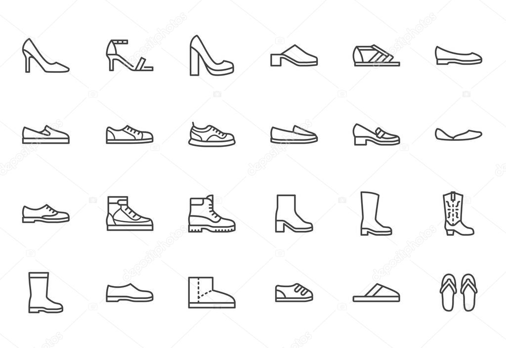 Shoe line icon set. High heels sandal, cowboy boots, hiking footwear, sneakers, slipper minimal vector illustrations. Simple outline signs for fashion application. Pixel Perfect. Editable Stroke.