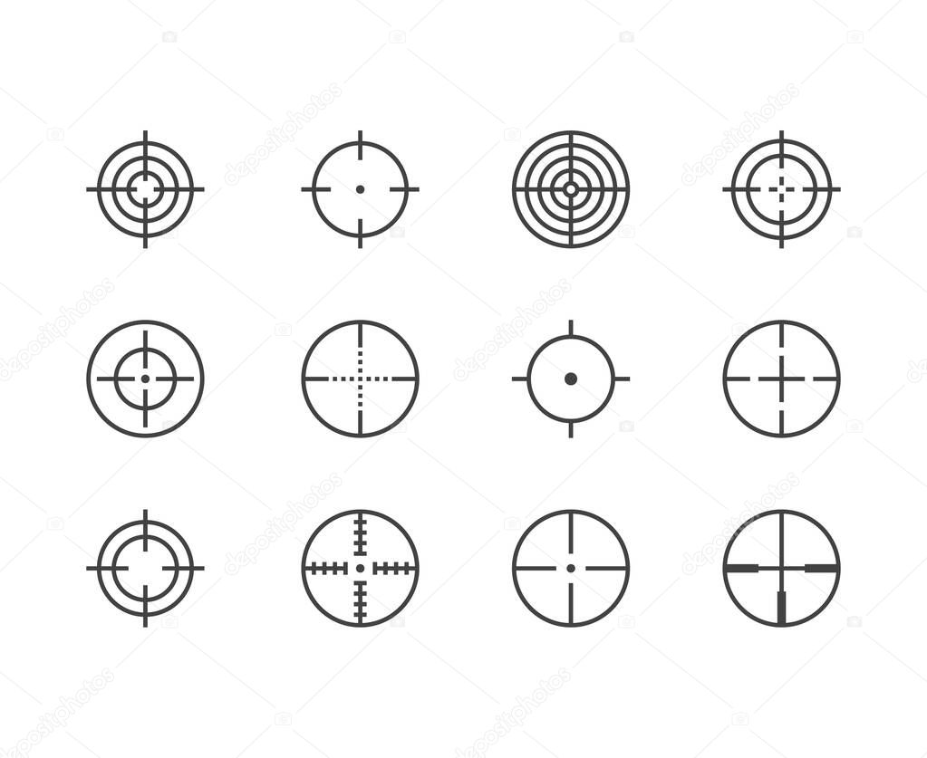 Scope flat line icons set. Target, weapon aim, sniper crosshair vector illustrations. Thin signs for focus, attention concept. Pixel perfect 64x64. Editable Strokes.