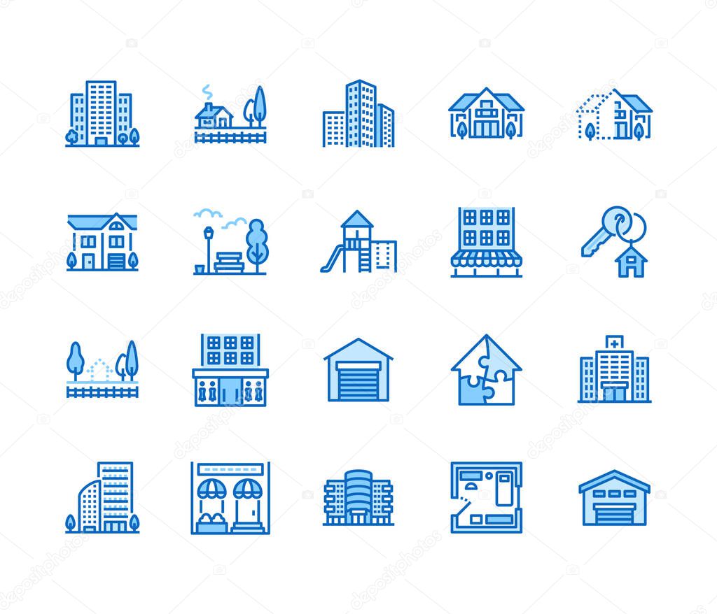 Real estate flat line icons set. House sale, commercial building, country home area, skyscraper, mall, kindergarten vector illustrations. Infrastructure signs. Pixel perfect 64x64. Editable Strokes.