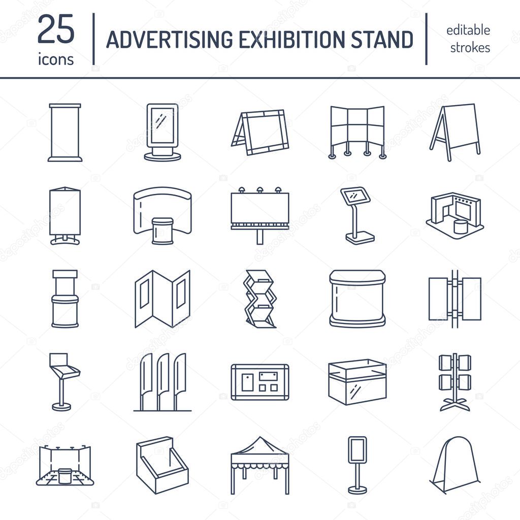 Advertising exhibition banner stands, display line icons. Brochure holders, pop up boards, bow flag, billboard folding marquees and other promotion design elements. Trade objects thin linear signs. 