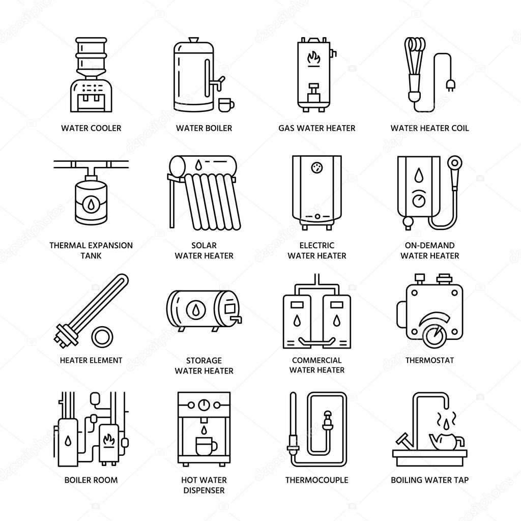 Water heater, boiler, thermostat, electric, gas, solar heaters and other house heating equipment line icons. Thin linear pictogram for hardware store. Household appliances signs.