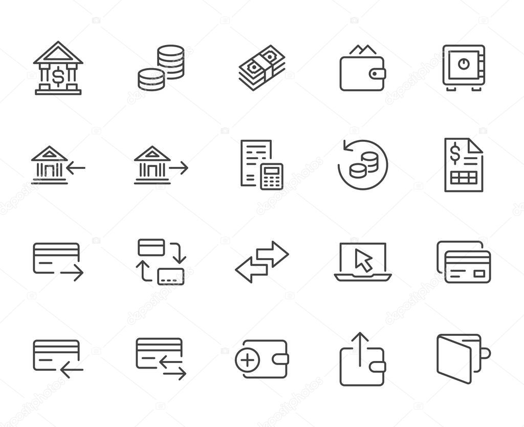 Finance line icon set. Money transfer, bank account, credit card payment cash back minimal vector illustration. Simple outline sign for online banking application. Pixel Perfect Editable Stroke.