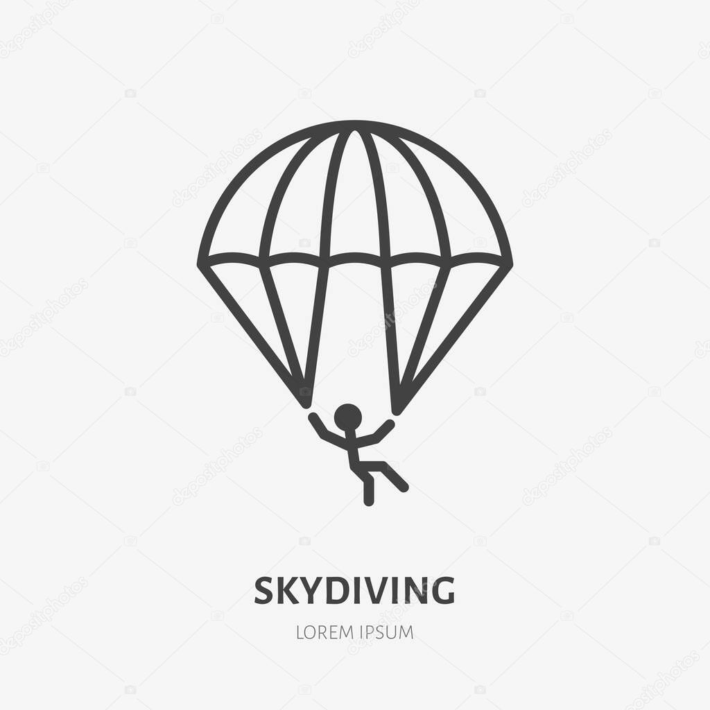Skydiving flat line icon. Vector thin sign of parachute jumper, sky diving logo. Extreme activity illustration.