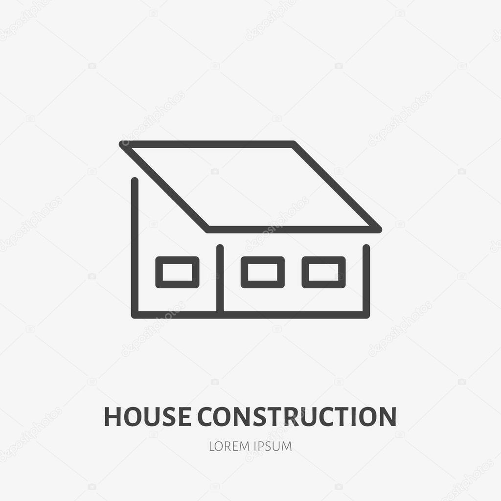 Country house flat line icon. Real estate sign. Thin linear logo for home repair services. Shed roof.