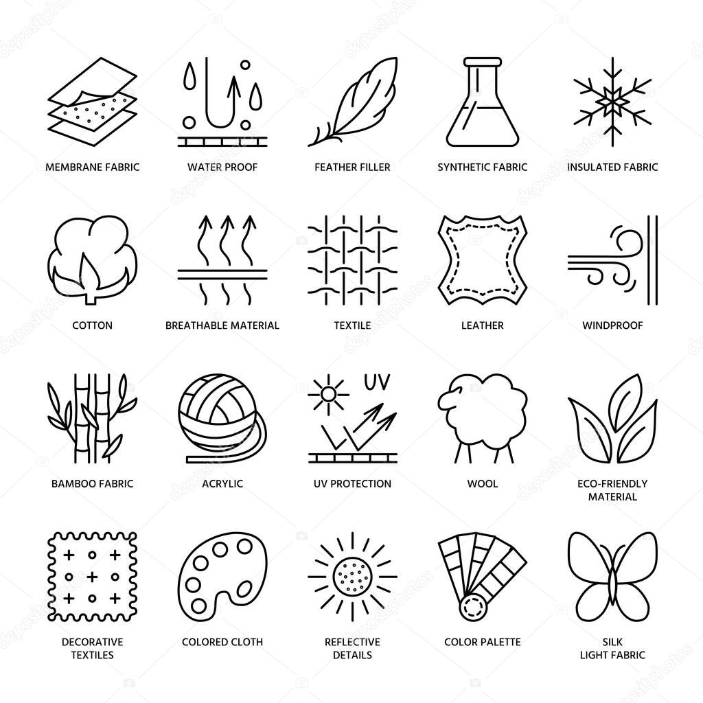 Vector line icons of fabric feature, garments property symbols. Elements - cotton, wool, waterproof, uv protection. Linear wear labels, textile industry pictograms with editable stroke for clothes.