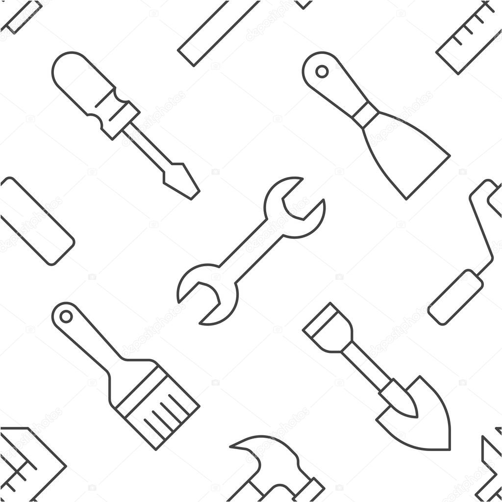 Building tools background, repair equipment seamless pattern with flat line icons of paintbrush, wrench, screwdriver, hammer and others. Construction works vector illustration black white color.