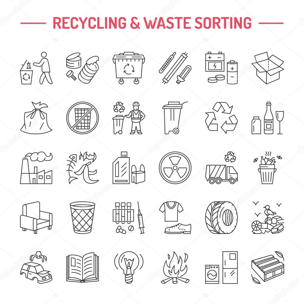 Modern vector line icon of waste sorting, recycling. Garbage collection. Recyclable waste - paper, glass, plastic, metal. Linear pictogram with editable stroke for brochure of waste management