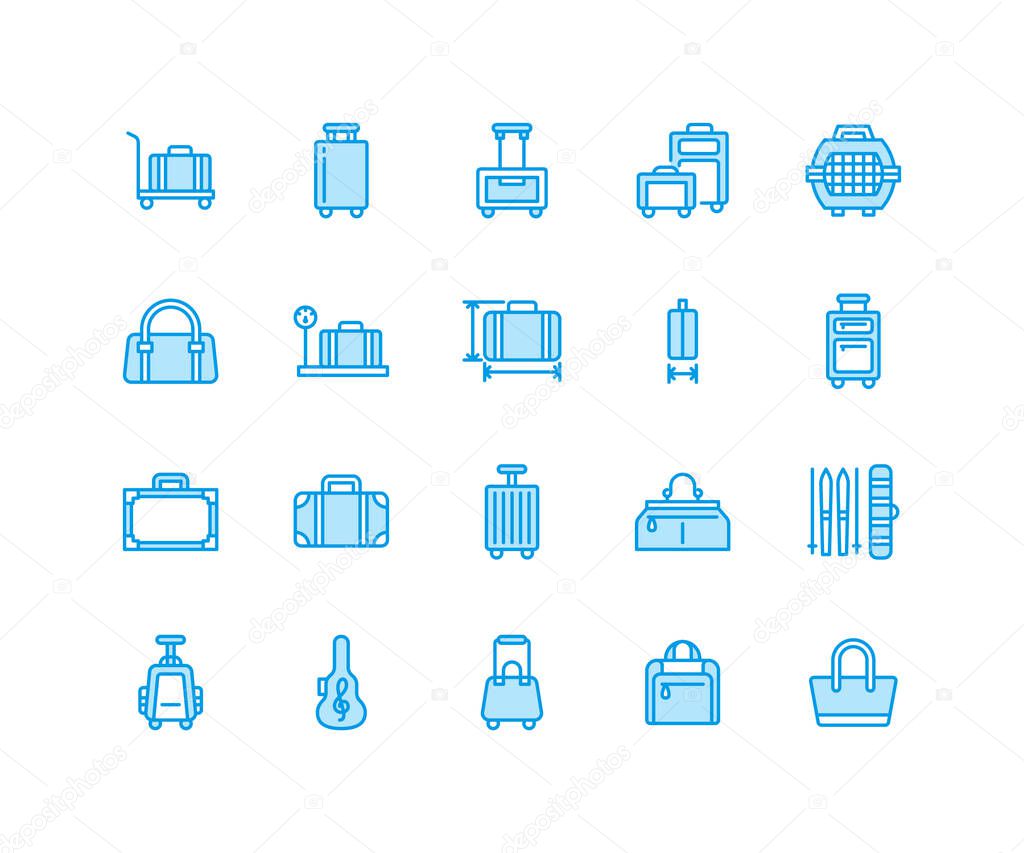 Luggage blue flat line icons. Carry-on, hardside suitcases, wheeled bags, pet carrier, travel backpack. Baggage dimensions and weight thin linear signs. Pixel perfect 64x64.