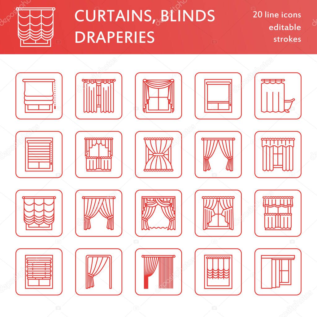 Window curtains, shades line icons. Various room darkening decoration, lambrequin, swag, french curtain, blinds and rolled panels. Interior design thin linear signs for house decor shop. Red color.