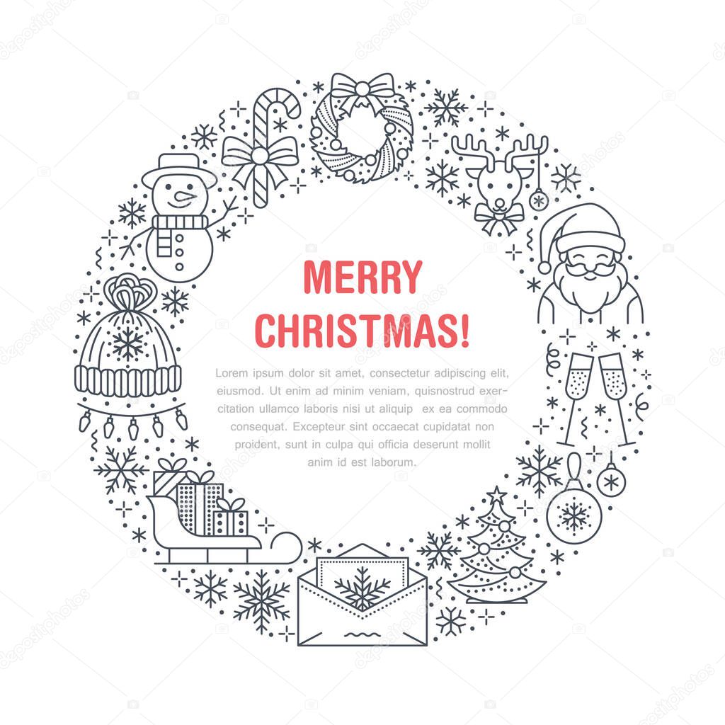 Christmas new year banner illustration. Vector line icon of winter holidays christmas tree, gift, santa claus, letter to santa, presents, wreath. Celebration party circle template with place for text.