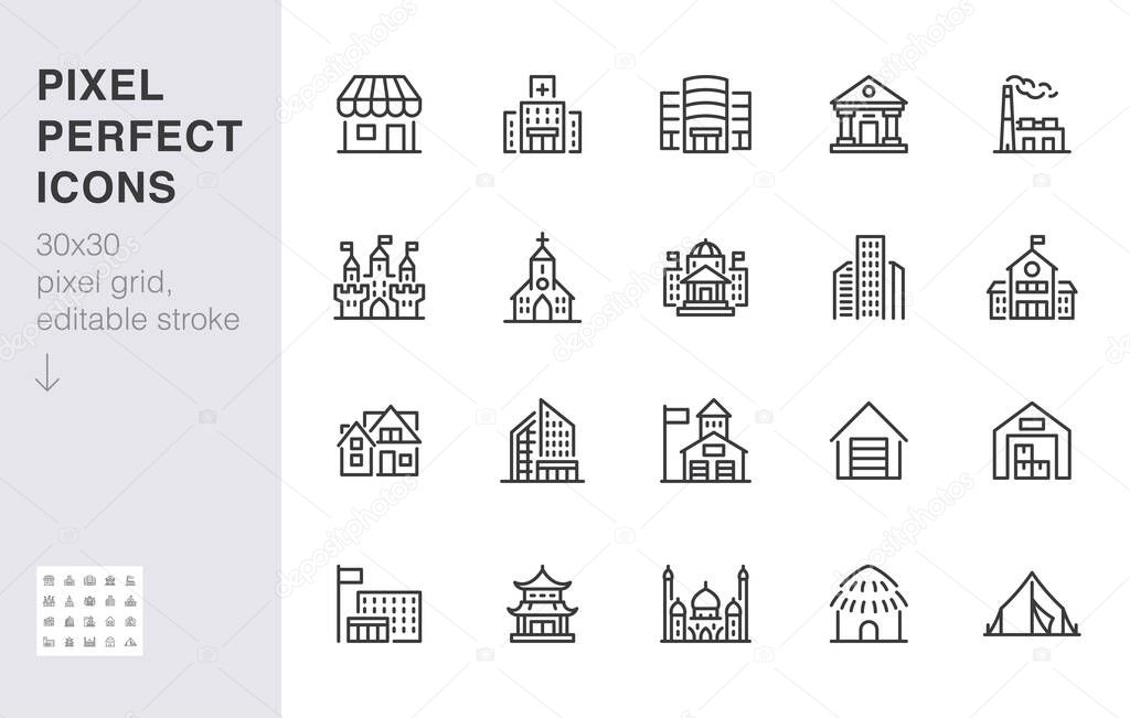 City building line icons set. Hospital, hotel, bank, mall, government hall, castle, police minimal vector illustrations. Simple flat outline sign for web, app. 30x30 Pixel Perfect. Editable Strokes.