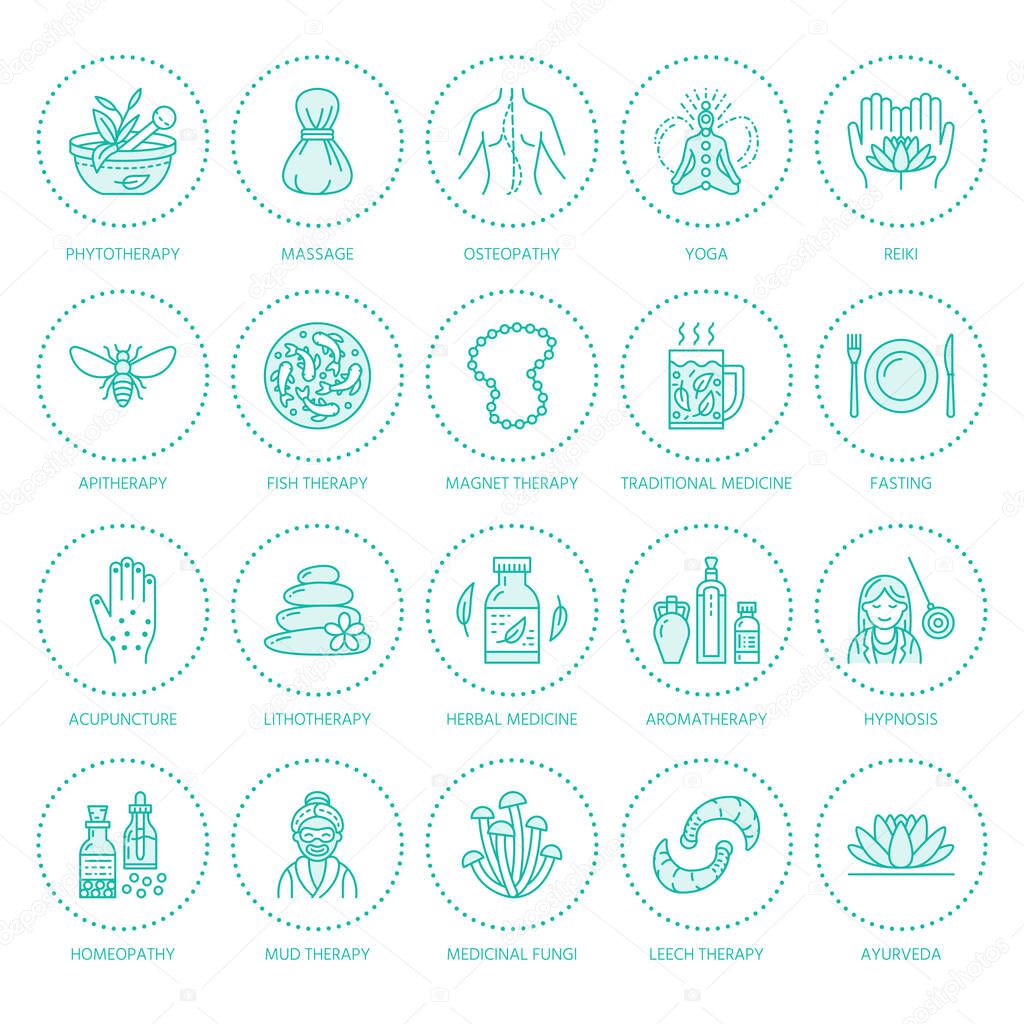 Alternative medicine line icons. Naturopathy, traditional treatment, homeopathy, osteopathy, herbal fish and leech therapy. Thin linear signs for health care center. Blue color.