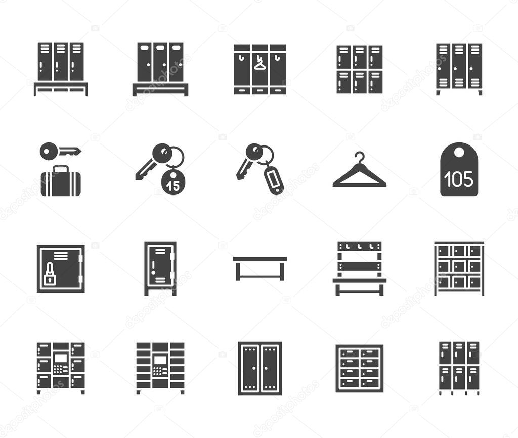 Locker room flat glyph icons set. Gym, school lockers, automatic left-luggage office, key tag vector illustrations. Black signs personal belongings storage. Silhouette pictogram pixel perfect 64x64.