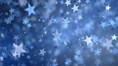 Yüzen gümüş ve mavi parıltılı yıldızların yumuşak mavi arka plana nazikçe düştüğü soyut bir animasyon. Titreyen bokeh ışık parçacıkları, rüya gibi atmosfer ve düz hareket efektleri içerir